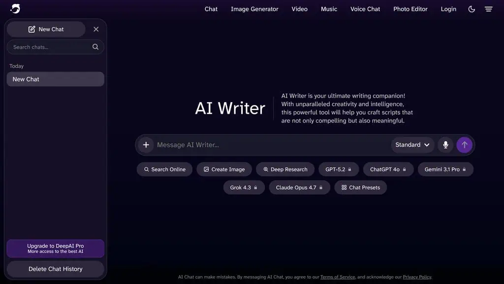 DeepAI free AI writer chat interface generating an article