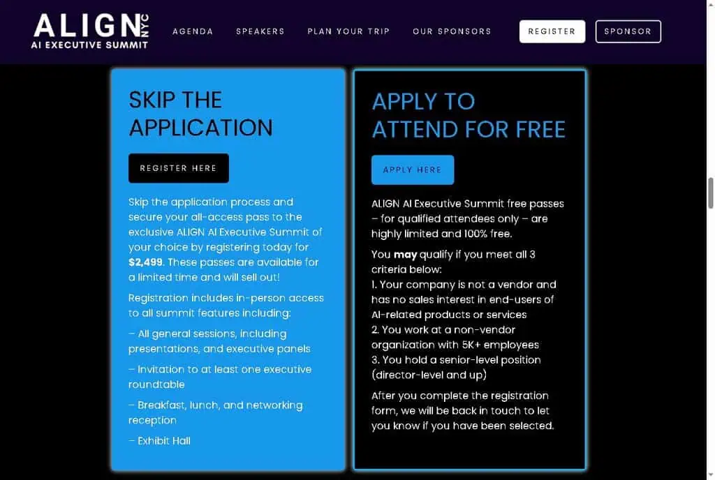 ALIGN AI Executive Summit NYC 2026 pass options showing the $2,499 all-access pass and the free apply-to-attend pass