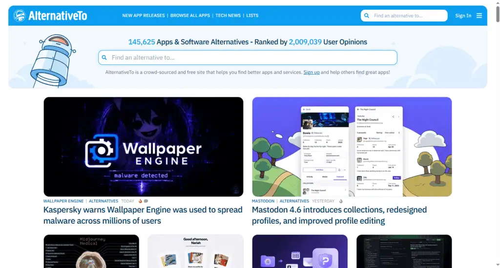 AlternativeTo homepage for discovering software alternatives