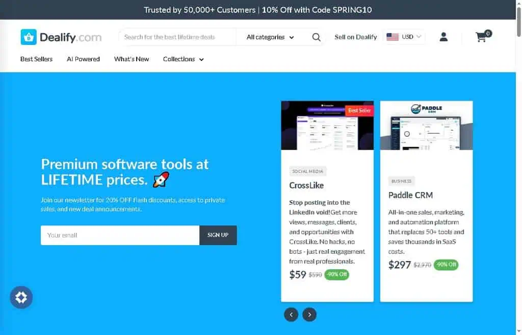 Dealify homepage featuring premium software tools at lifetime prices for growth marketers
