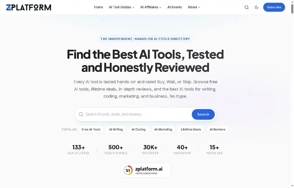 zPlatform homepage, an independent hands-on AI tools directory with Buy, Wait, or Skip reviews
