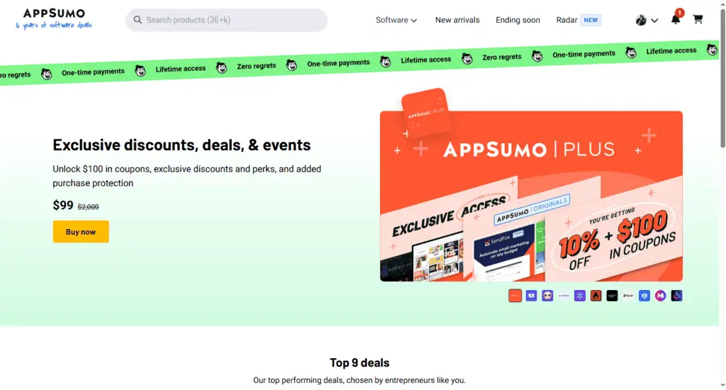 AppSumo homepage, the biggest lifetime deal marketplace for software