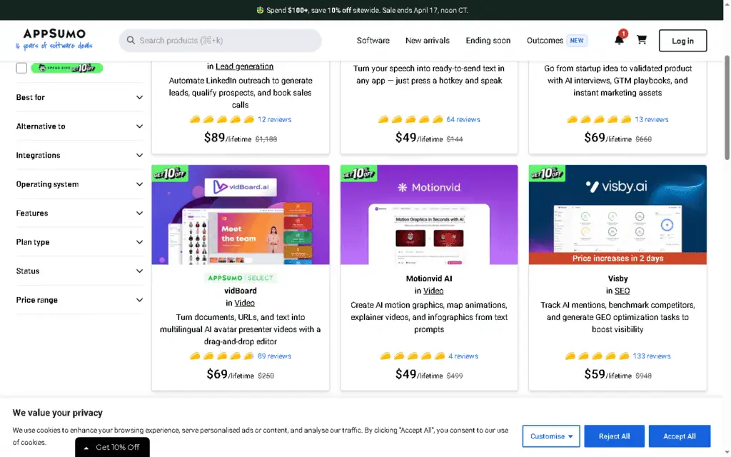 AppSumo software catalog showing 50 to 80 lifetime deals rotating at any given time