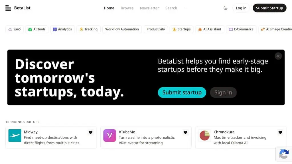 BetaList homepage showcasing pre-launch and early-stage startups