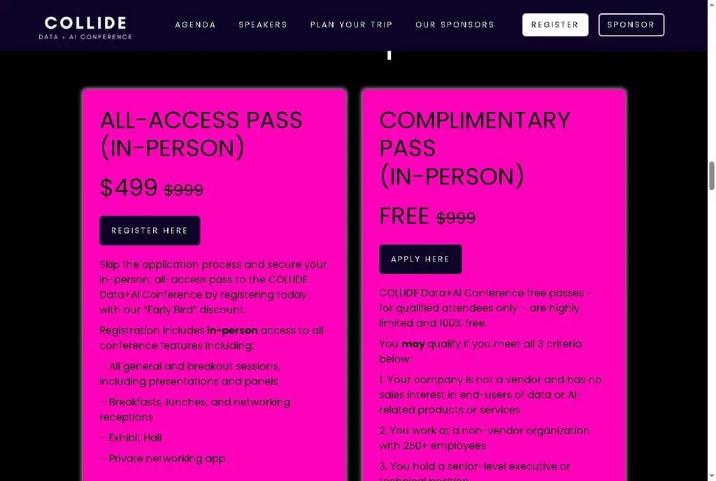 COLLIDE 2026 pass options showing the $499 all-access pass and the free complimentary pass