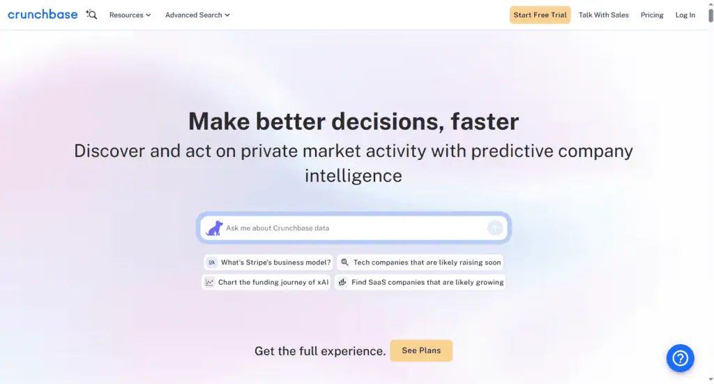 Crunchbase homepage for company, funding, and startup data