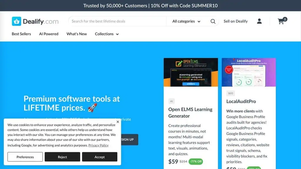 Dealify homepage with curated SaaS and AI lifetime deals