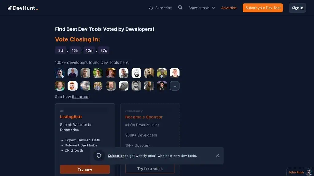 DevHunt homepage, a community launch platform for developer tools