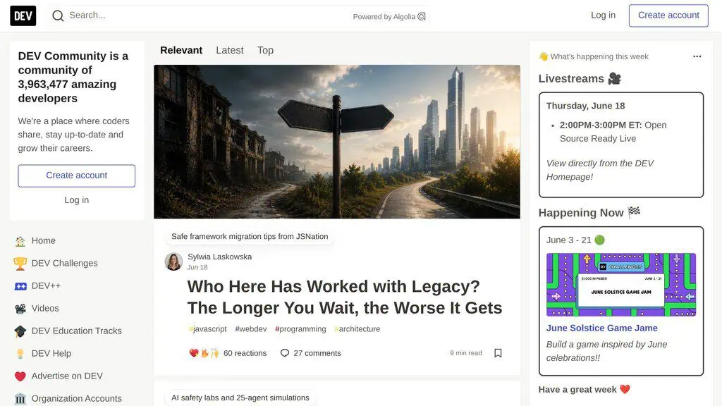 Dev.to homepage, a developer community for publishing and launches