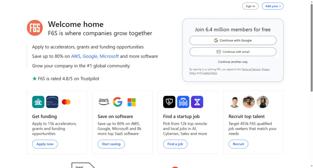 F6S homepage connecting founders with accelerators, grants, and deals