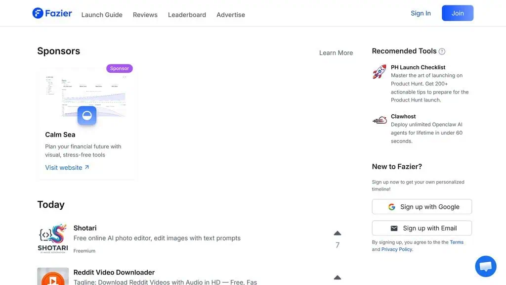 Fazier homepage, a modern Product Hunt alternative with a launch leaderboard