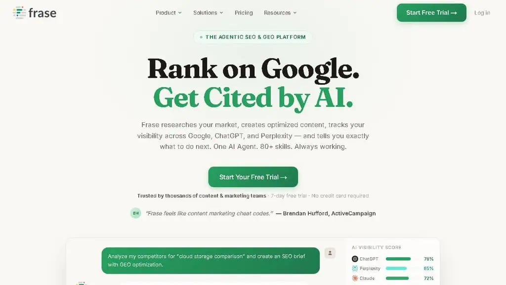 Frase AI content tool showing SERP analysis and content brief with competitor insights