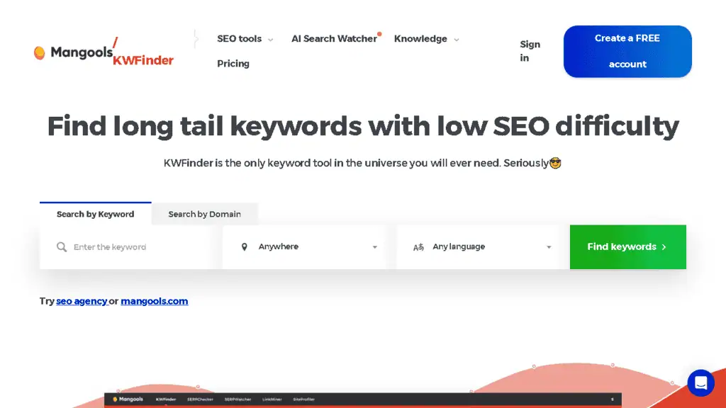 KWFinder keyword research tool showing keyword difficulty score and SERP analysis