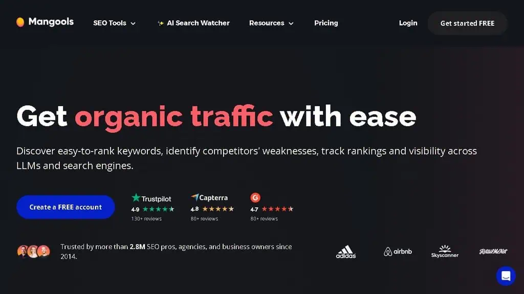 Mangools SEO tools suite showing SERPWatcher rank tracking and keyword research interface