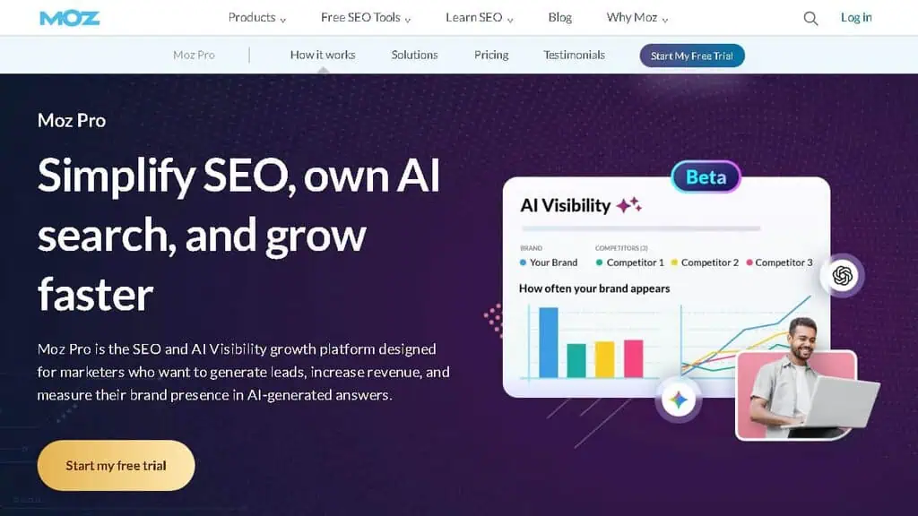 Moz Pro Domain Authority checker showing DA score and link metrics for SEO benchmarking