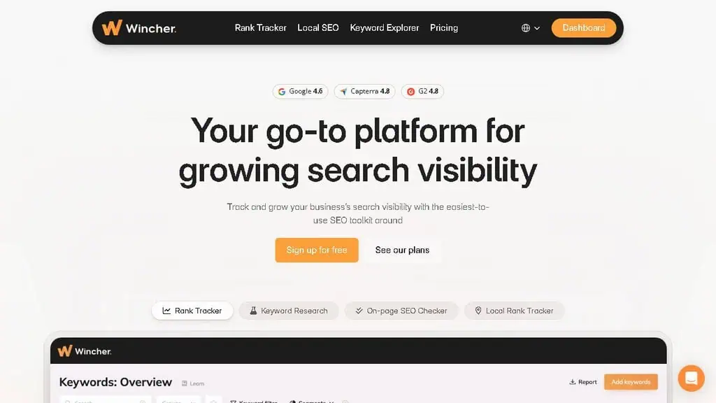 Wincher rank tracker showing keyword position history chart and SERP feature tracking