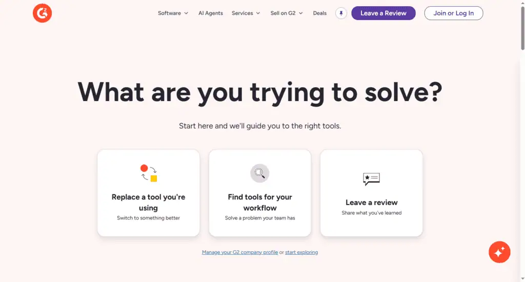 G2 homepage, the largest B2B software review platform for buyers