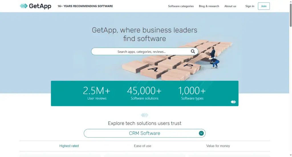 GetApp homepage for business app discovery and comparison