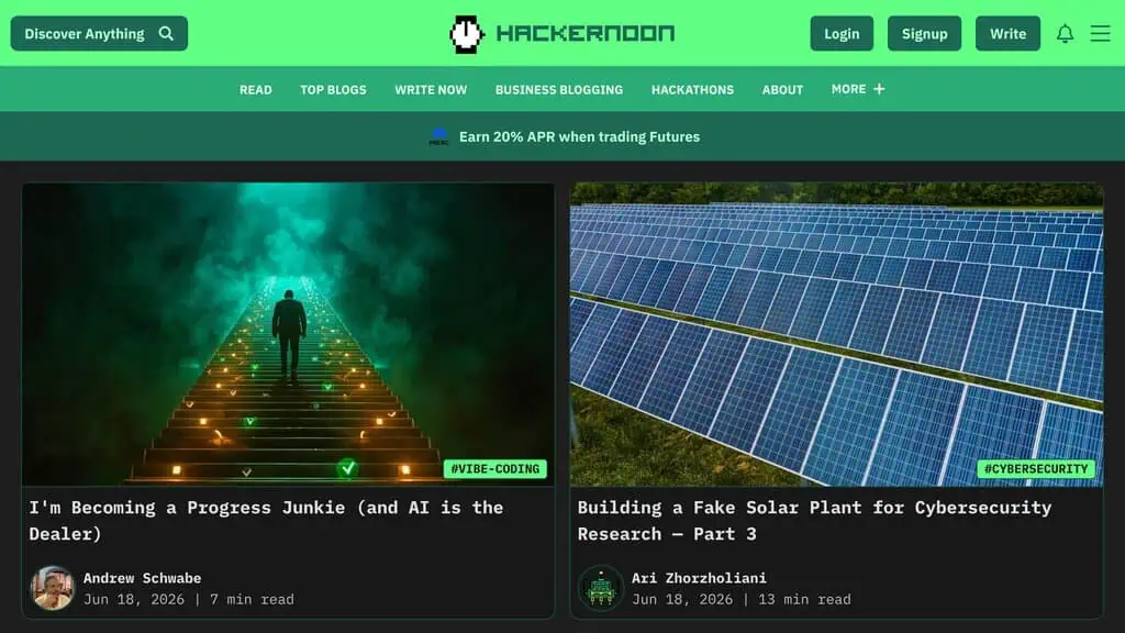 HackerNoon homepage, a tech publishing platform for launch stories