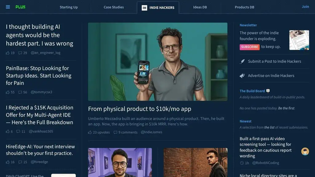 Indie Hackers homepage, the bootstrapped founder community