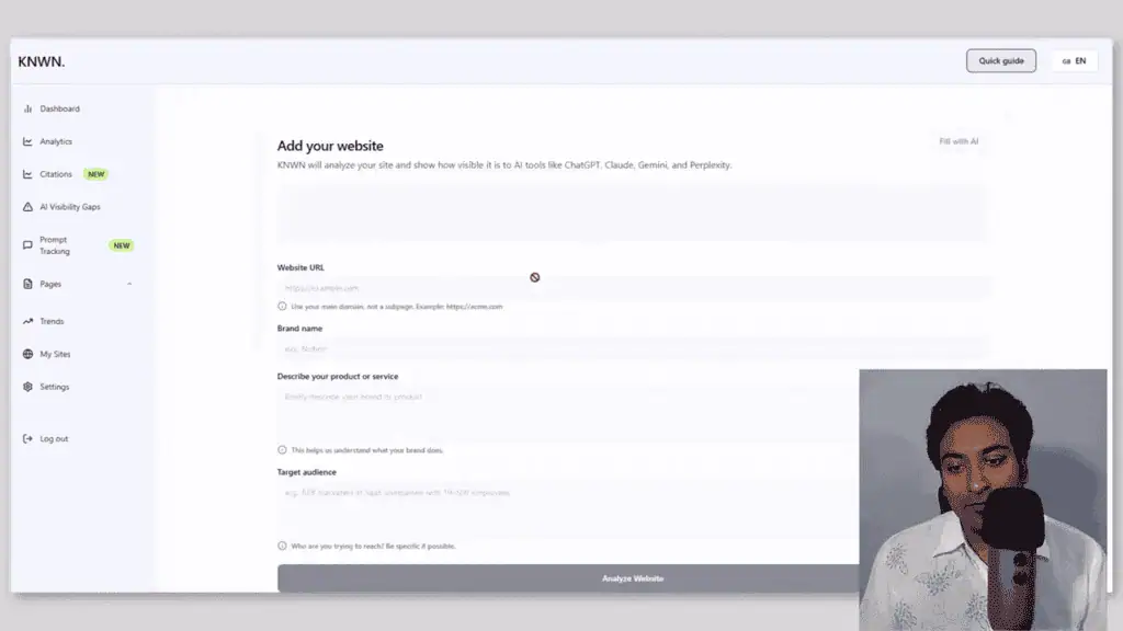 Knwn setup wizard asking for website URL, brand name, and target audience description