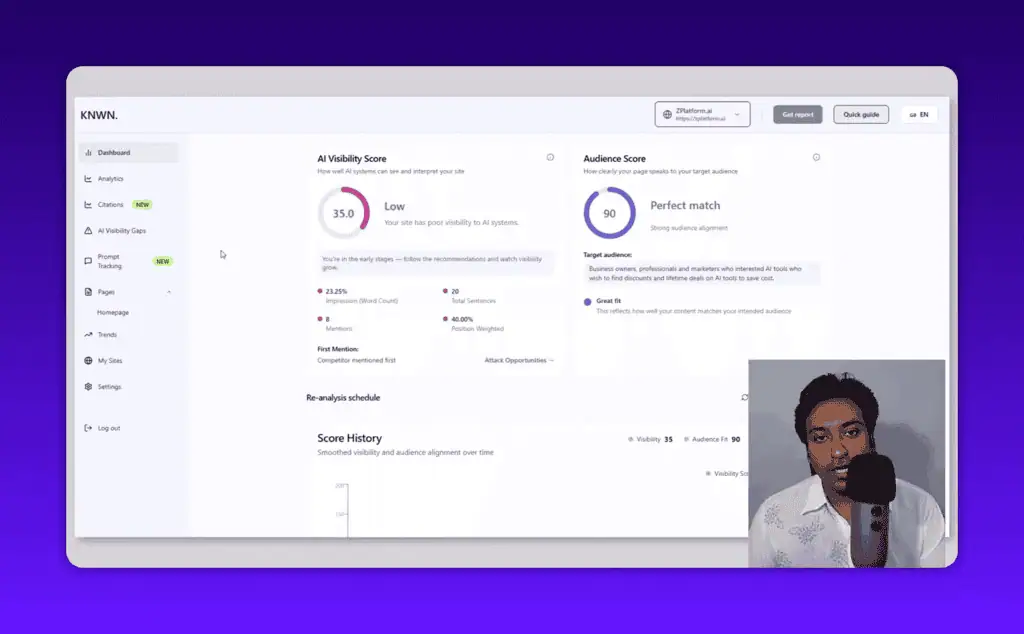 Knwn dashboard showing AI visibility and audience score side by side