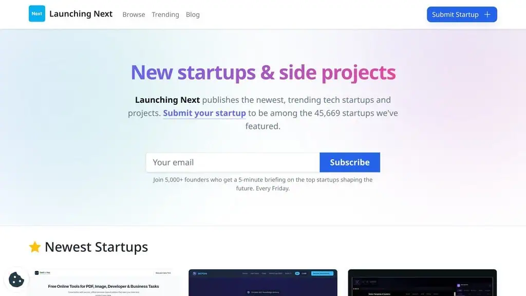 Launching Next homepage, a directory of new and upcoming startups