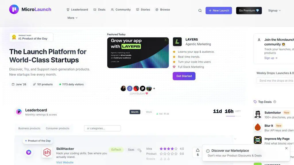 MicroLaunch homepage, an indie and micro-SaaS launch platform