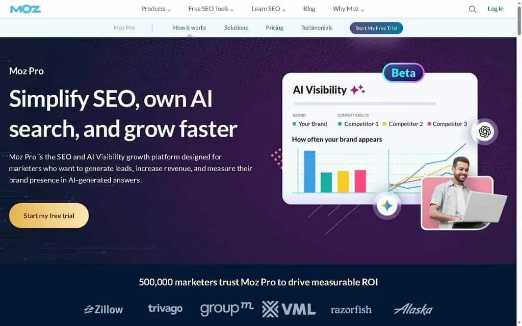 Moz Pro rank tracker showing keyword positions and Domain Authority metrics