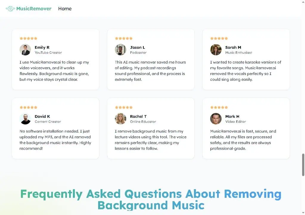 Music Remover AI user testimonials from creators, podcasters, and educators praising the free vocal separation