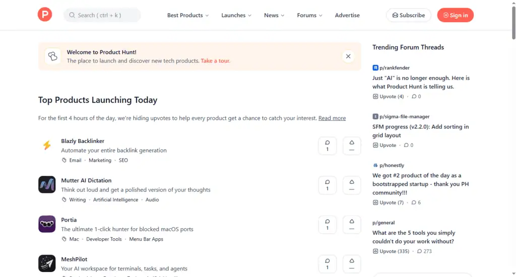 Product Hunt homepage showing the daily product launch leaderboard