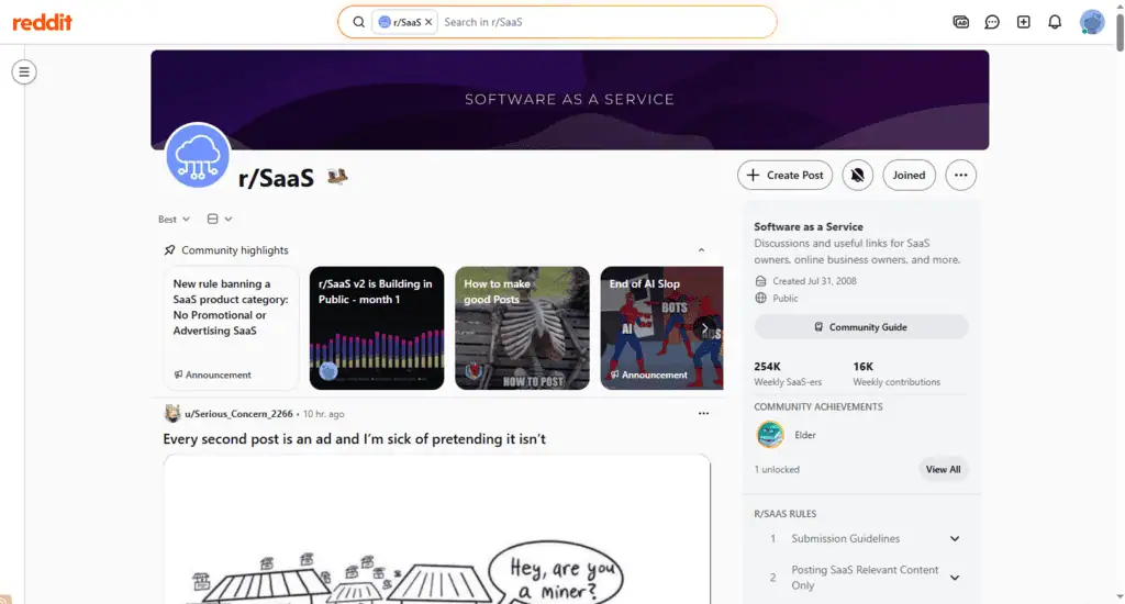 Reddit r/SaaS community feed where founders launch products and get feedback