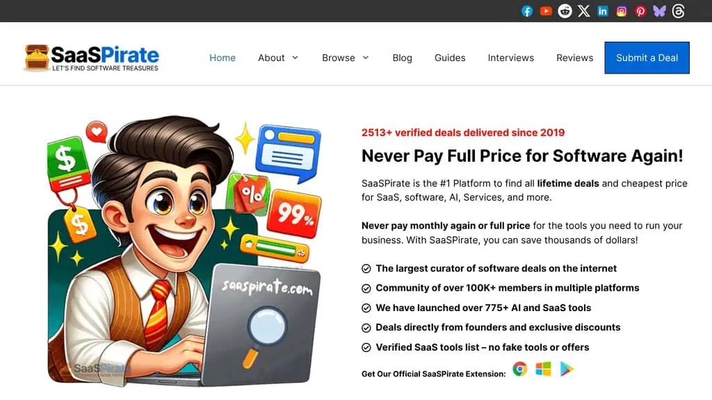 SaaSPirate homepage listing SaaS lifetime deals for deal hunters