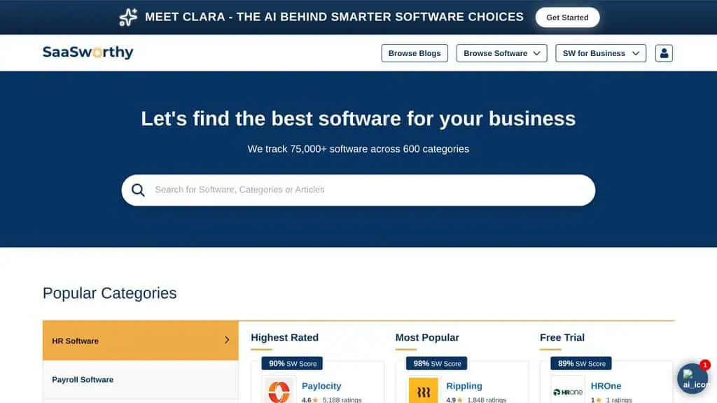 SaaSWorthy homepage listing and ranking SaaS products by category