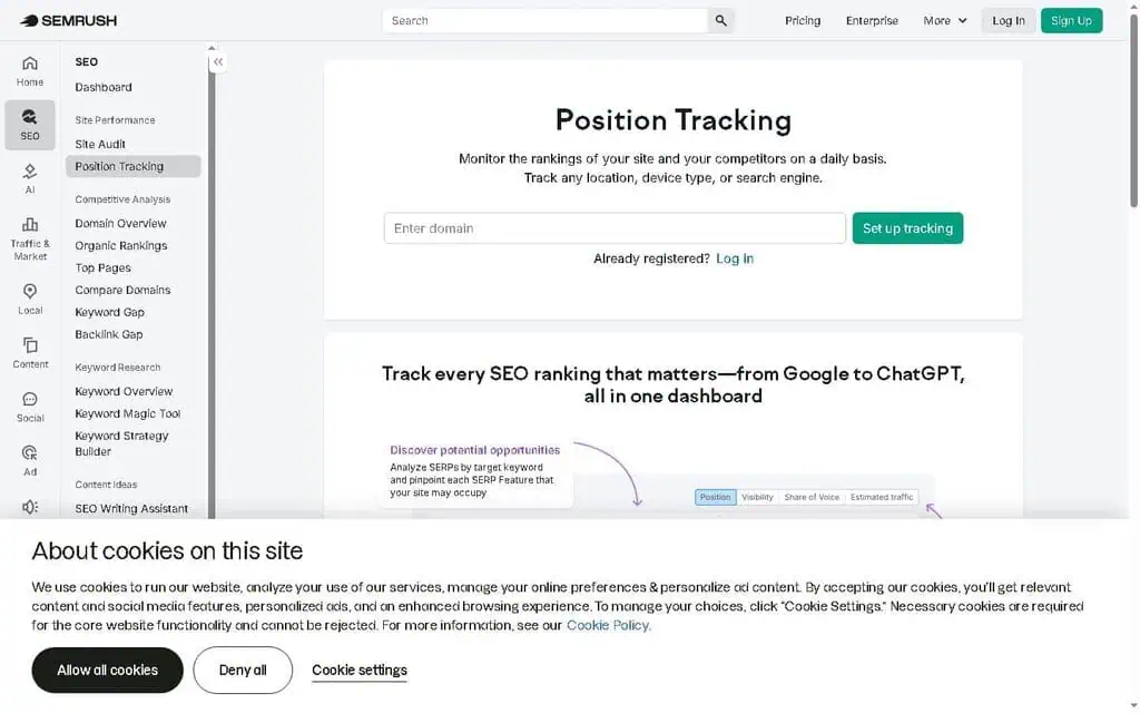Semrush position tracking dashboard with visibility score and competitor comparison