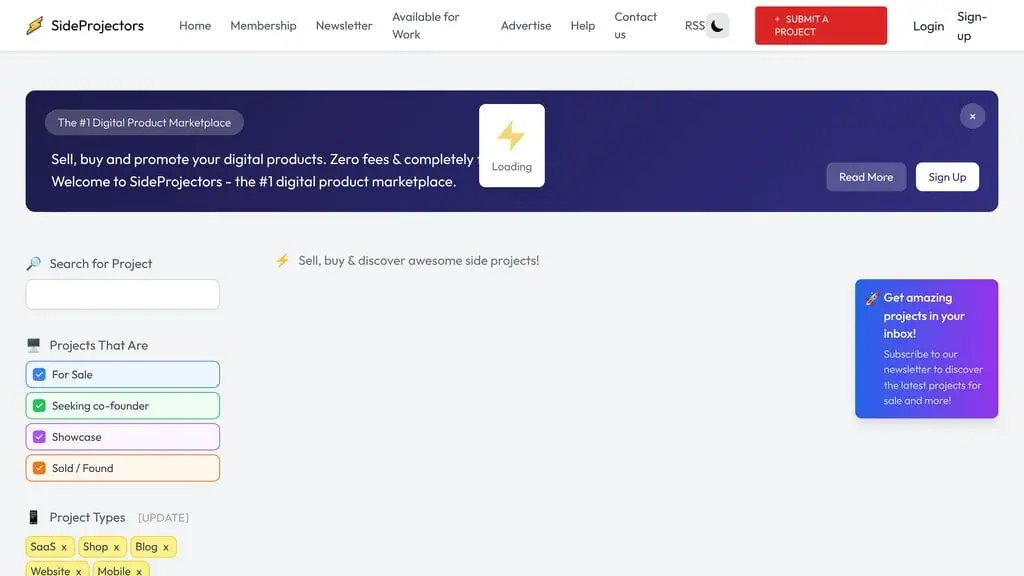 SideProjectors homepage, a marketplace to showcase and sell side projects