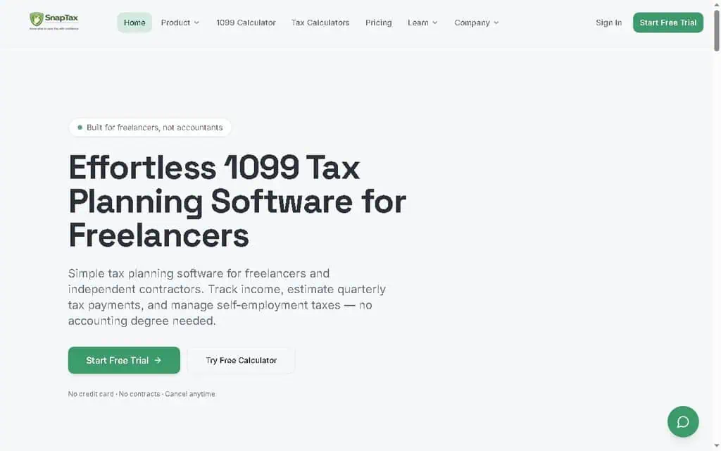 SnapTax homepage showing the 1099 tax planning software value proposition for freelancers