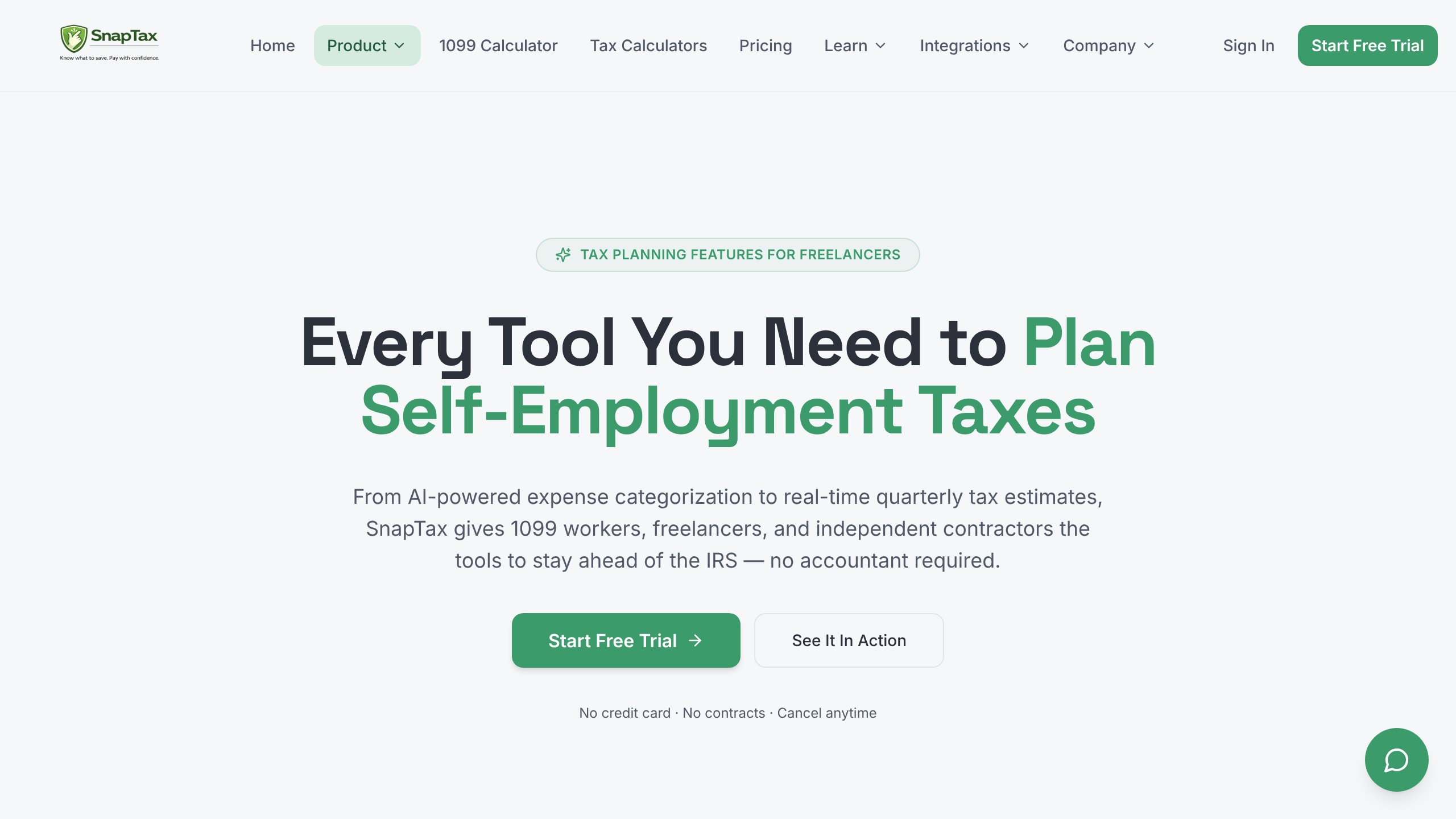 snaptaxapp.com features page with AI expense categorization, mileage tracking, and tax estimates