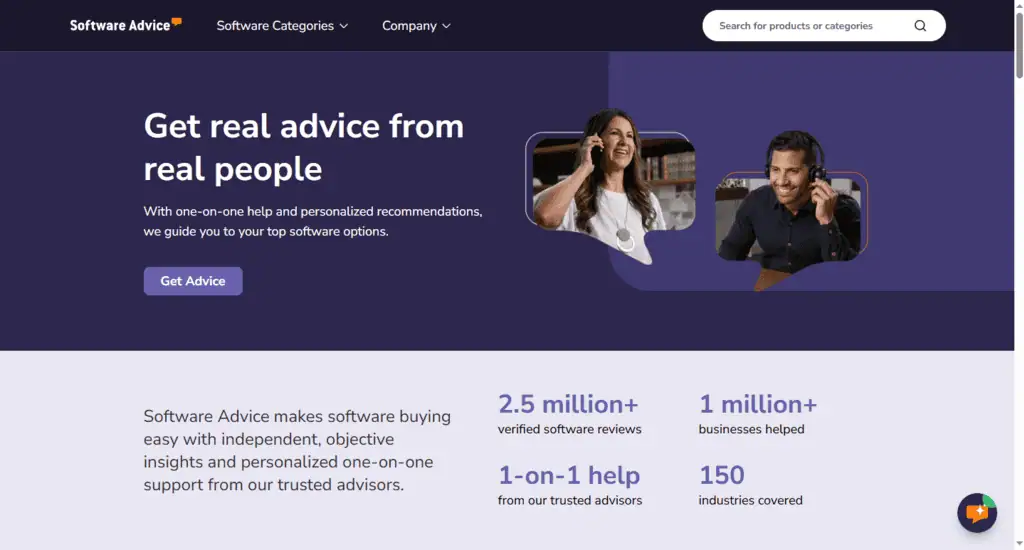 Software Advice homepage offering guided SMB software recommendations