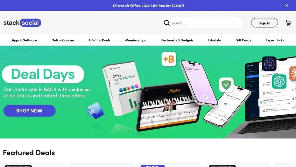 StackSocial homepage, a consumer software and app deal marketplace