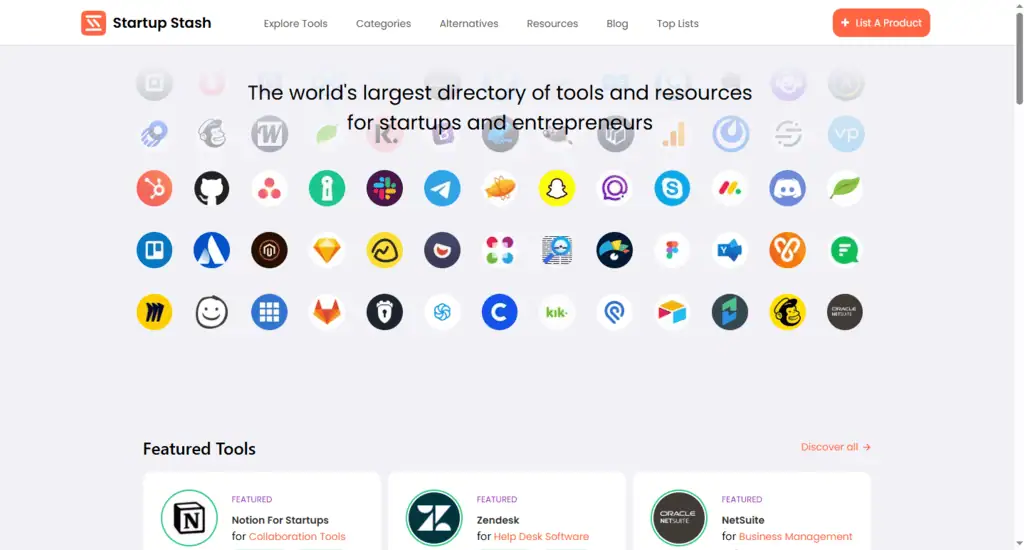 Startup Stash homepage, a curated directory of startup tools and resources