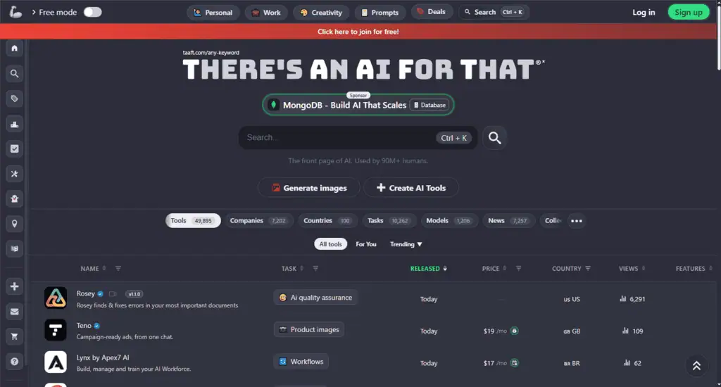 There's An AI For That homepage, a large AI tool discovery directory