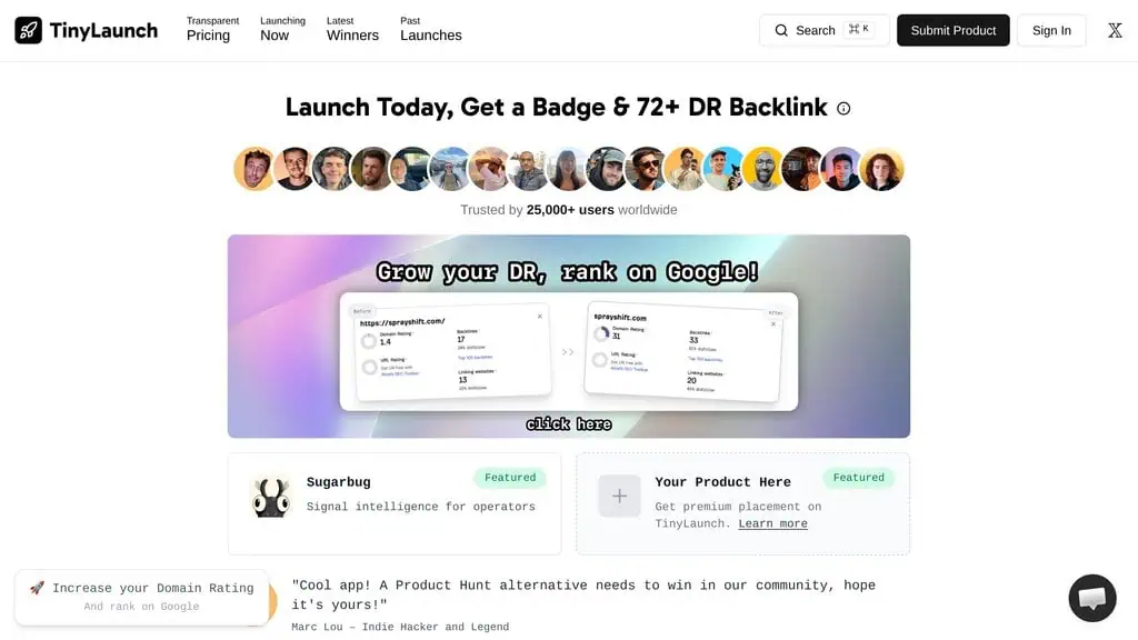 TinyLaunch homepage for same-day indie product launches