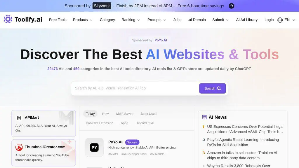 Toolify homepage, a large global AI tools directory