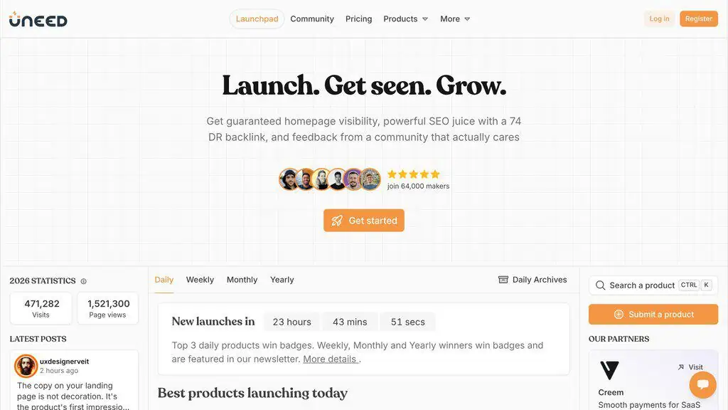 Uneed homepage, an indie maker launch platform with a fast queue