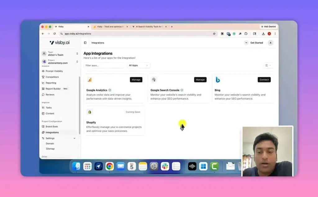Visby AI integrations page showing Google Analytics, Search Console, and Shopify coming soon