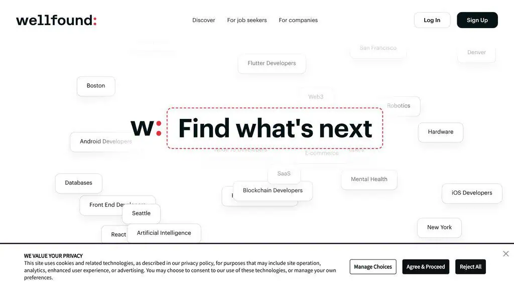 Wellfound homepage, the startup hiring and investor network