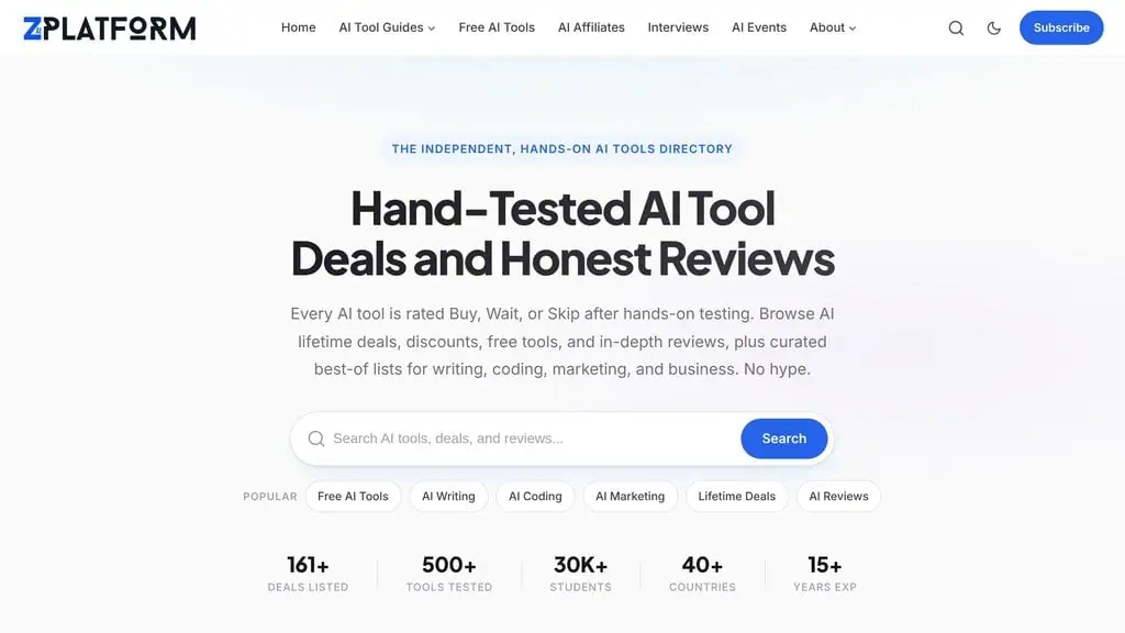 zplatform.ai homepage showing tested AI tool deals and Buy Wait Skip verdicts