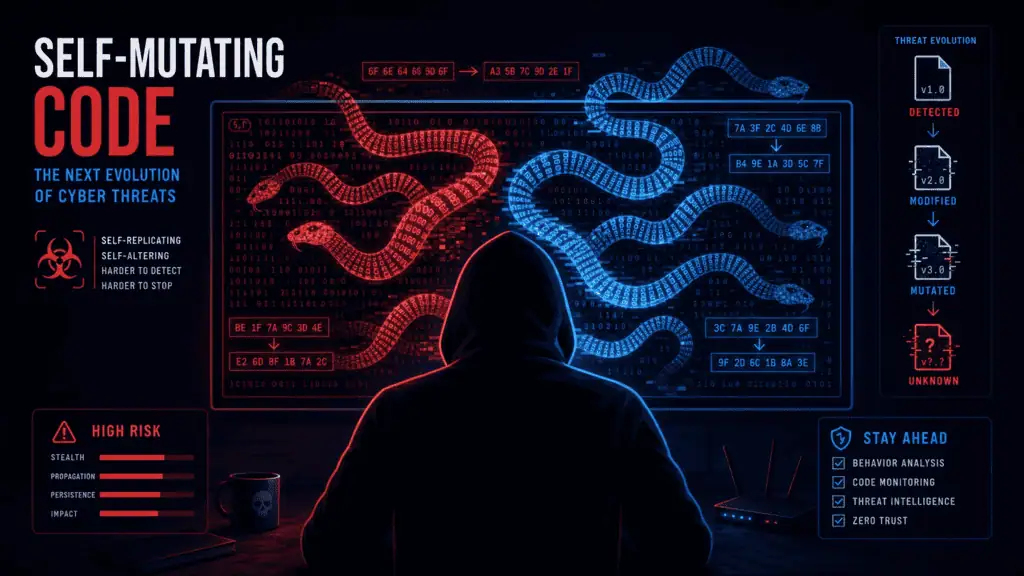 Diagram showing how AI-generated polymorphic malware mutates its own code on every execution to evade antivirus signature detection