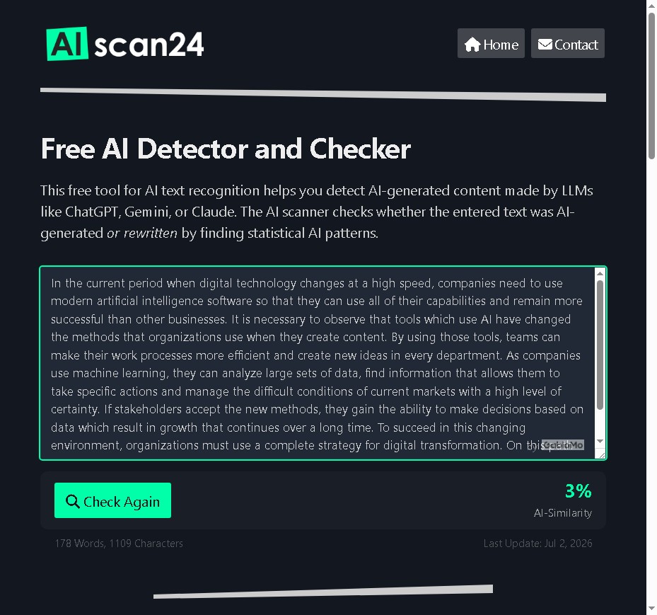 AIscan24 showing 3% AI-Similarity for the humanized version of the same paragraph